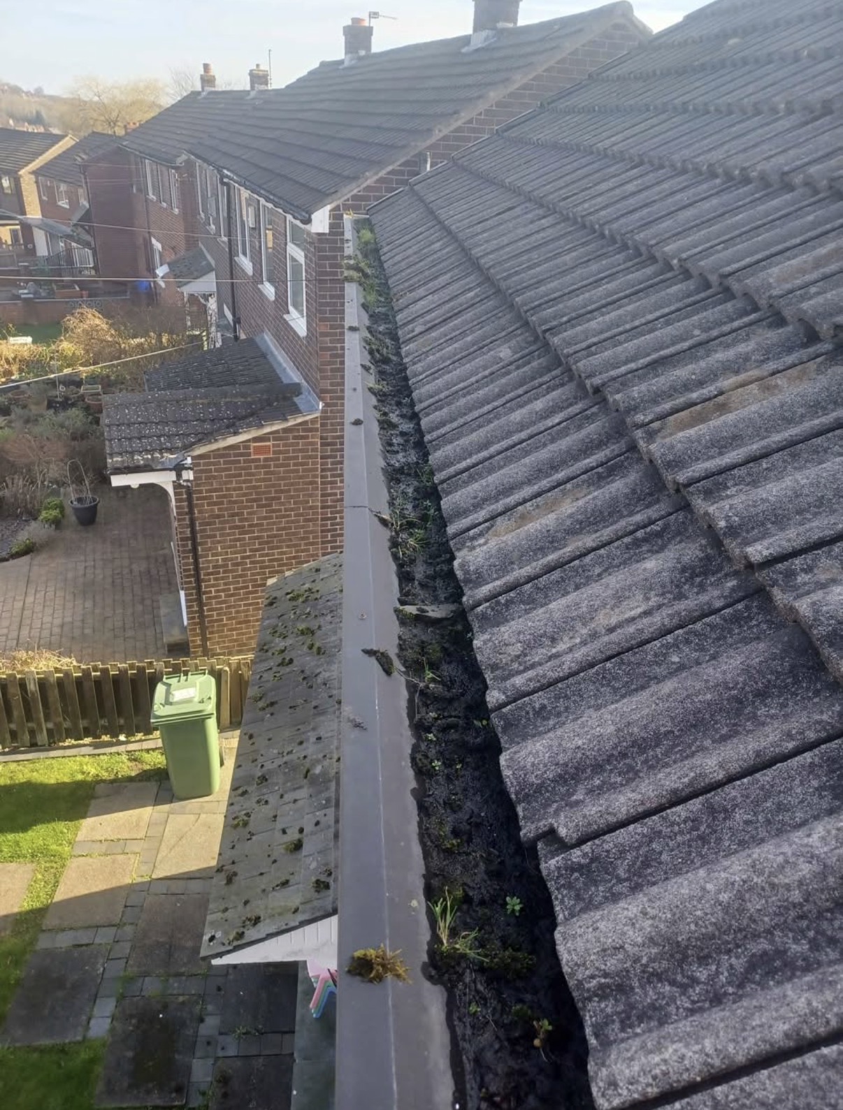 Gutter packed with moss and debris, before cleaning