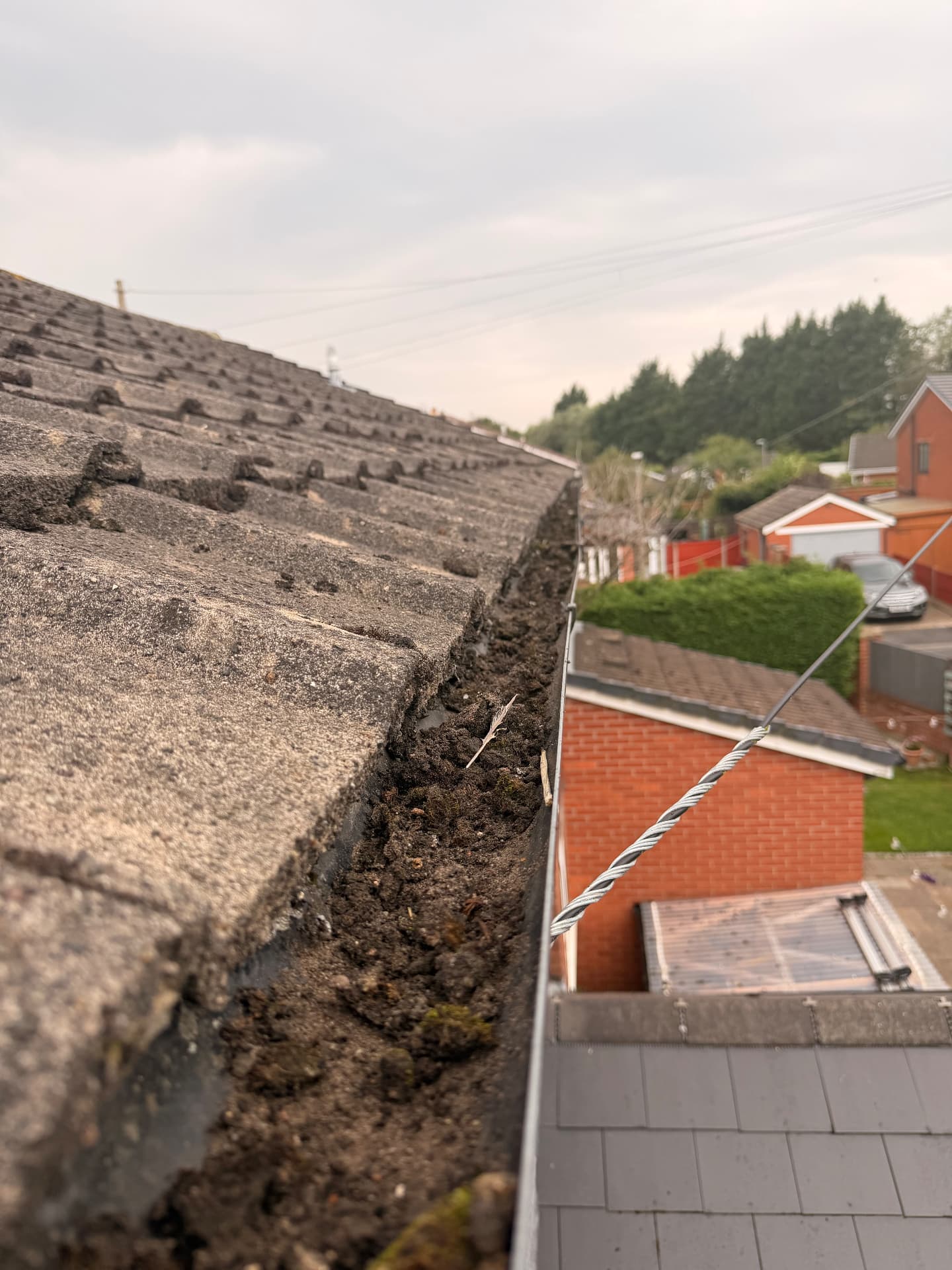 Debris build-up in a gutter photographed by Suds & Spruce